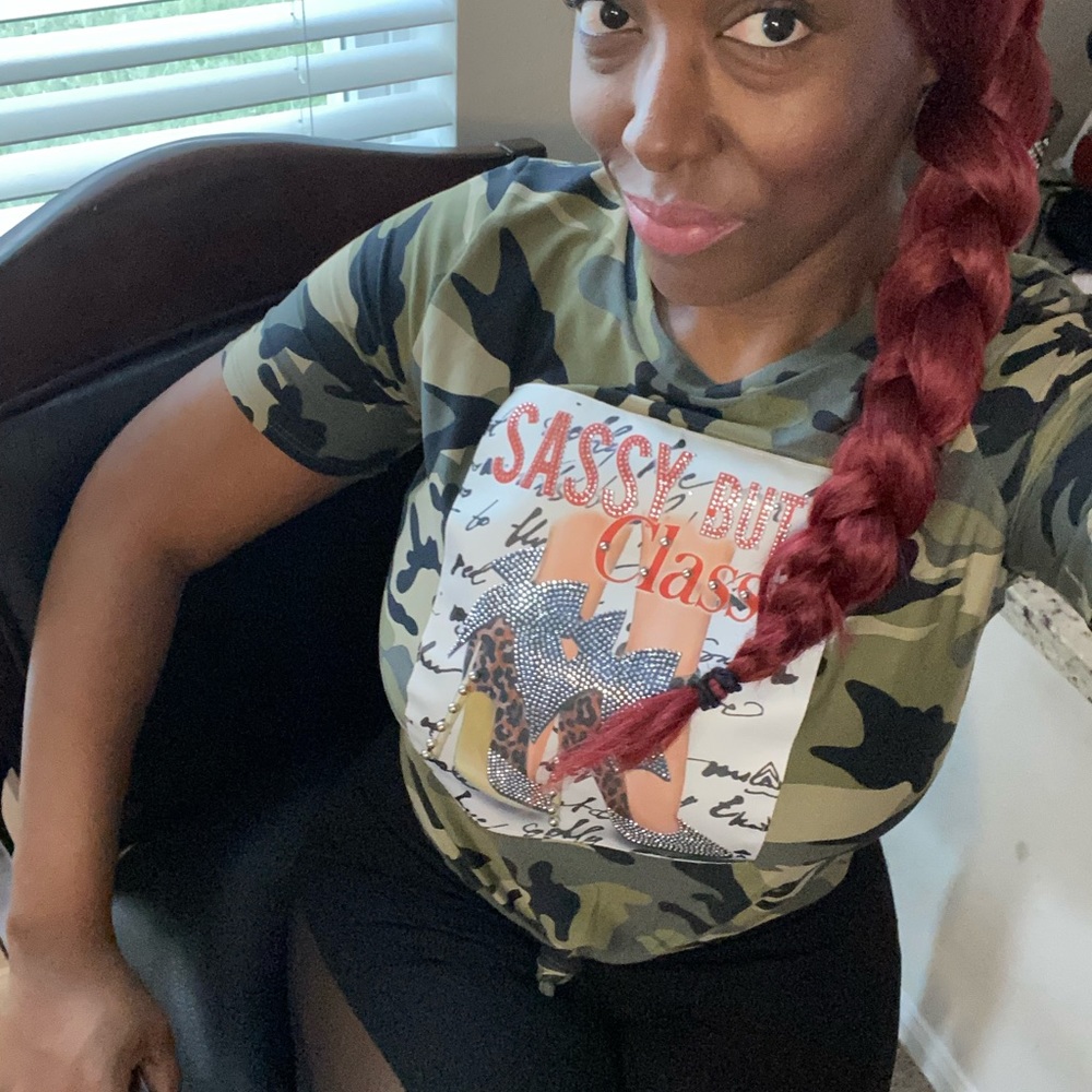 Sassy but Classy Camo printed sequin patch top